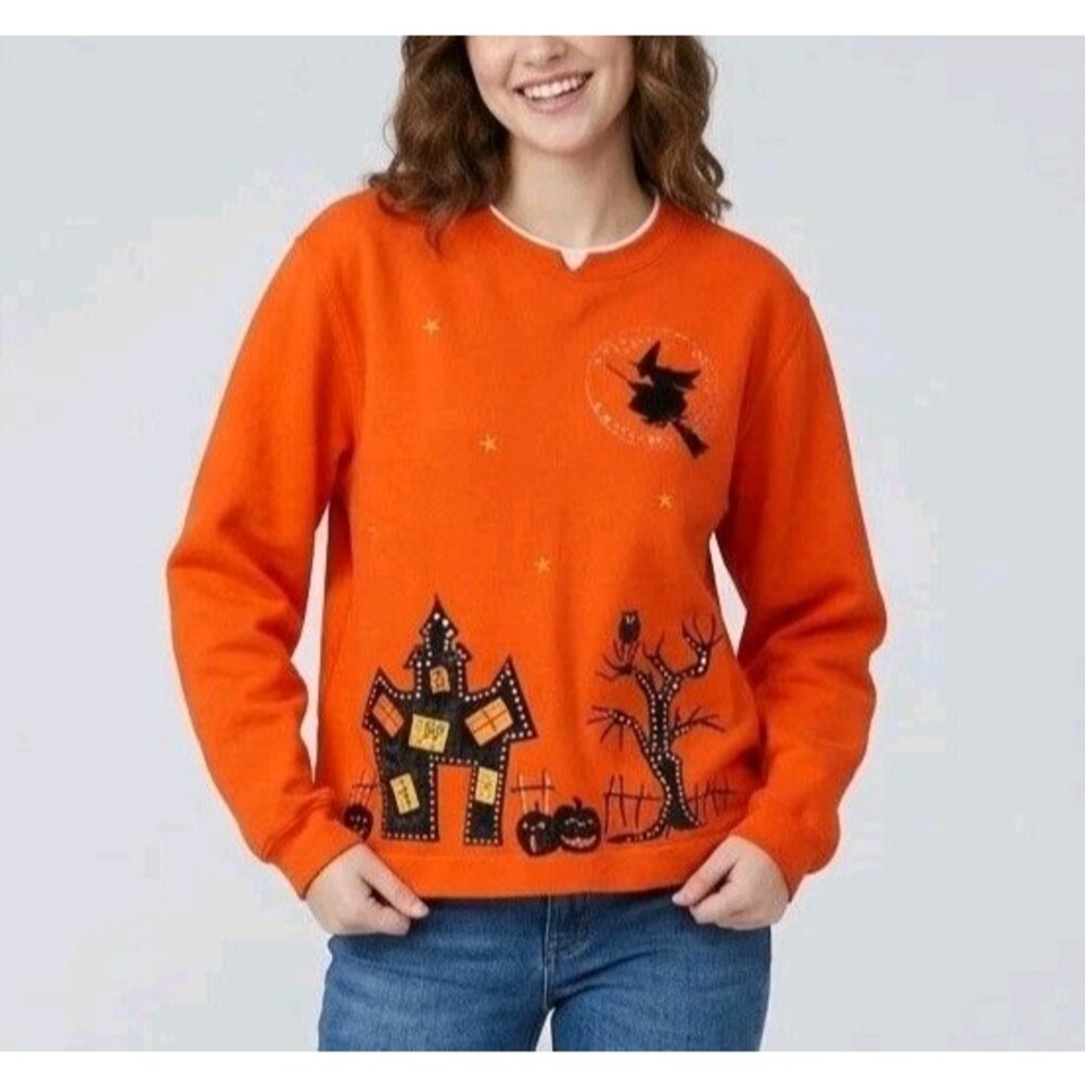 VTG 90s Womens Embellished Halloween Sweatshirt Haunted House Pumpkins Witch - L